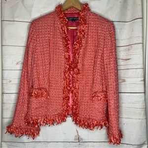 Albert Nipon Coral Pink Tweed Fringed Blazer
